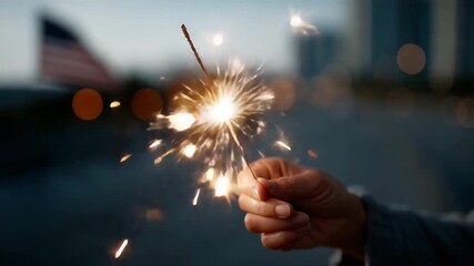 4K close-up of a hand holding a bright sparkling sparkler in front of a waving American flag. Glowing red and orange bokeh lights