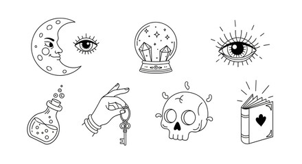 Whimsical magical elements in line art illustration for esoteric or Halloween theme