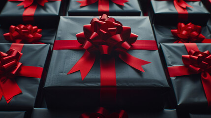 Black gift boxes with red ribbons creating a luxurious pattern background