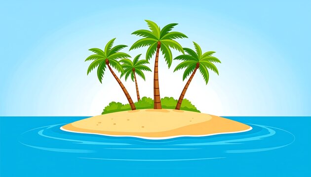 Cartoon island with palm trees, set against a clear blue sky and rippling blue water