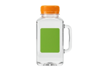 Isolated clear empty plastic bottle with handle and green label, orange ribbed cap on top
