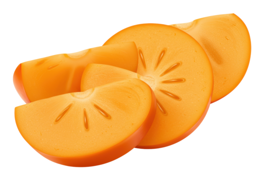 Isolated vibrant orange slices of persimmon fruit close-up for healthy dietary snack