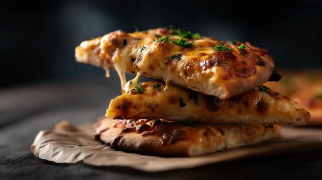 4K creative levitation photo of pizza slices floating in mid-air against a dark rustic background