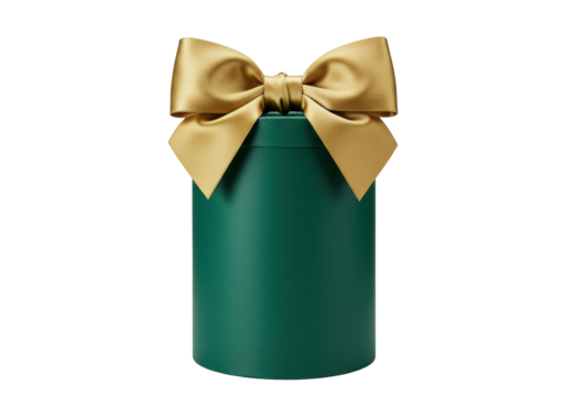 Isolated view of a cylinder gift with golden bow, elegant luxury present idea concept