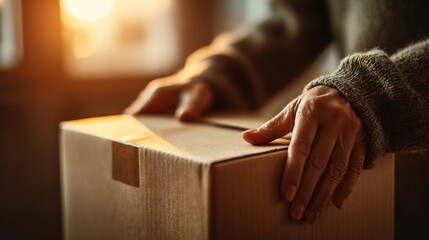 Hands handling a cardboard box, anticipation of moving into a new home. Concept of transition, and new beginnings