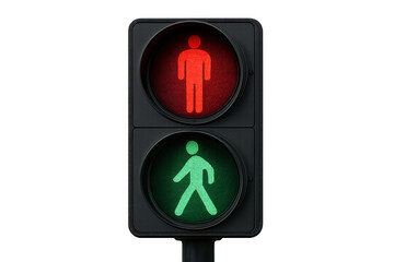 Pedestrian traffic light signal showing red standing man and green walking man symbols for safe crossing, transparent background