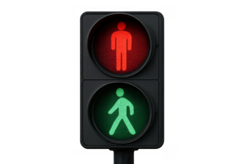 Pedestrian traffic light signal showing red standing man and green walking man symbols for safe crossing, transparent background
