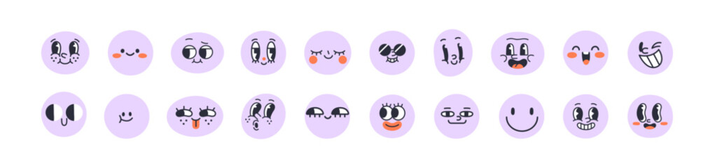 Obraz premium Happy faces with positive emotions, comic expressions. Funny emoji characters set. Cute emoticons with different moods, smiling and laughing. Flat vector illustration isolated on white background.