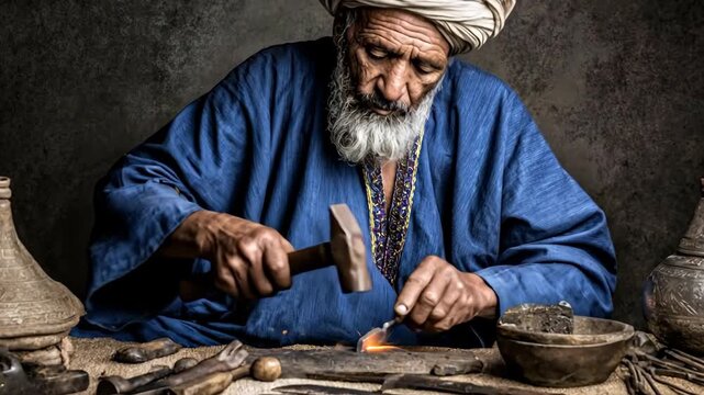 Elderly Master Craftsman Forging Metal with Hammer and Sparks.