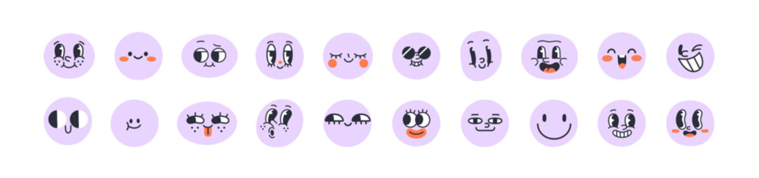 Happy faces with positive emotions, comic expressions. Funny emoji characters set. Cute emoticons with different moods, smiling and laughing. Flat vector illustration isolated on white background.