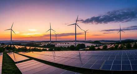 Renewable energy farm with solar panels and wind turbines at vibrant sunset