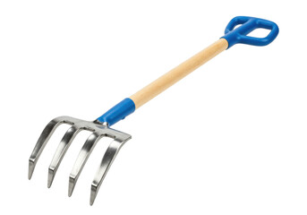Isolated Garden tool pitchfork with wood handle and blue handgrip for agriculture, digging