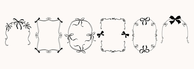 Vintage frames and borders with bow and ribbons set. Hand drawn coquette frames for wedding invitations, greeting cards, packaging, branding, stationery, Valentine's day. Whimsical borders. Vector