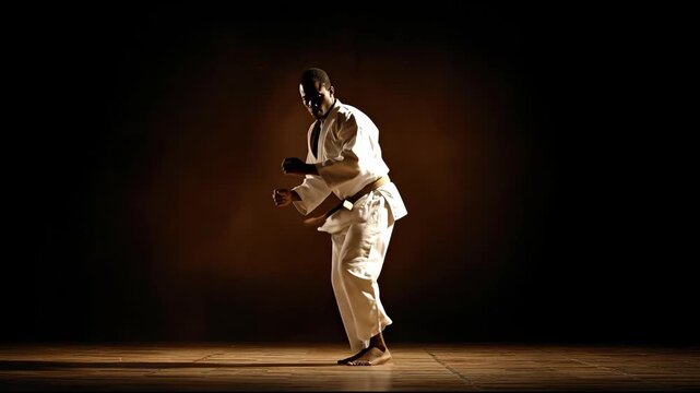 Focused African martial artist practicing karate moves in a dimly lit studio.