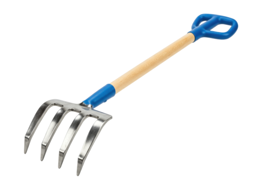 Isolated Garden tool pitchfork with wood handle and blue handgrip for agriculture, digging
