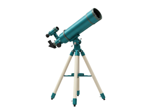 Isolated refracting telescope with tripod, a tool used in astronomy for observing the sky