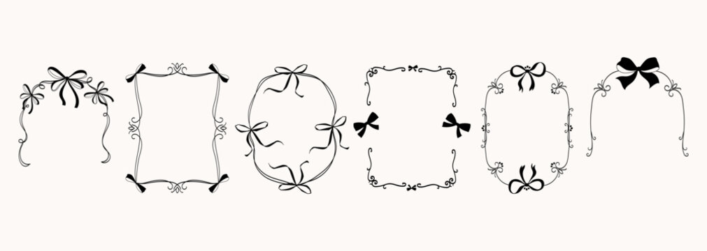 Vintage frames and borders with bow and ribbons set. Hand drawn coquette frames for wedding invitations, greeting cards, packaging, branding, stationery, Valentine's day. Whimsical borders. Vector