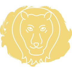 Stylized Outline of a Lion Head With a Golden Yellow Rough Brush Stroke Background and White Line Art Symbol on Transparent Background