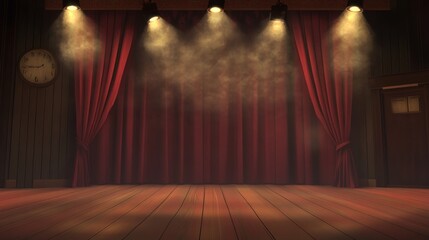 Classic Theater Stage with Red Curtains and Spotlights Ready to Perform