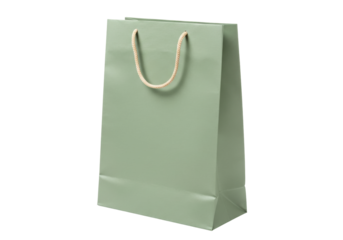 Isolated sage green paper bag with handles for gift or shopping on minimal backdrop