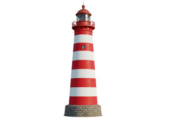 Isolated striped lighthouse structure on rocky base, nautical sea safety, navigation beacon © Federica