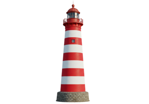 Isolated striped lighthouse structure on rocky base, nautical sea safety, navigation beacon