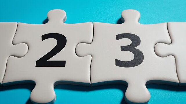 Connected Puzzle Pieces with Numbers One Two Three And Four on Teal Background High Angle Shot