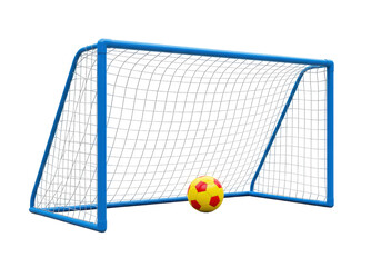 Isolated soccer goal net with red and yellow ball, team sport equipment for training ground © Federica