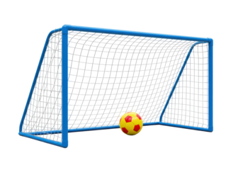 Isolated soccer goal net with red and yellow ball, team sport equipment for training ground