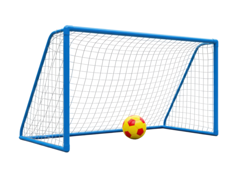 Isolated soccer goal net with red and yellow ball, team sport equipment for training ground