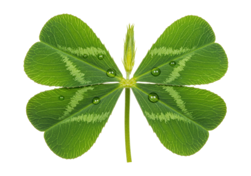 Isolated four-leaf clover, green petals, luck and hope symbol, water droplets and stem detail