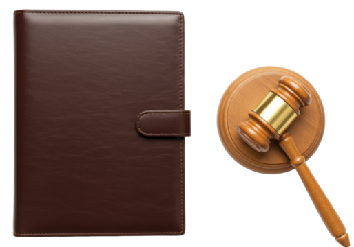 Isolated law and order concept with gavel on block next to a brown leather case or journal