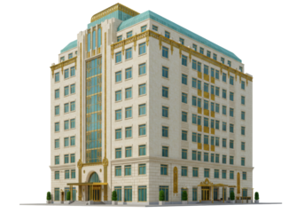 Isolated hotel building with many windows and fancy gold accents in the Art Deco style