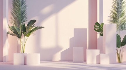 Fototapeta premium Minimalist Pastel Studio with Geometric Forms and Tropical Plants