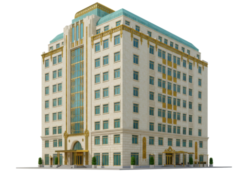Isolated hotel building with many windows and fancy gold accents in the Art Deco style