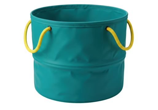 Isolated Collapsible Water Bucket Container, Turquoise Tote Bag with Yellow Handles Camping Item