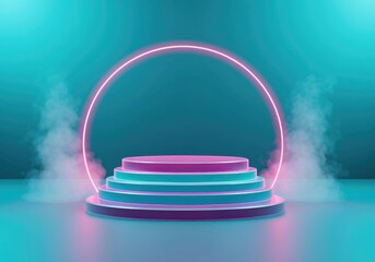 Neon stage with smoke and ring, futuristic podium for product display, cyberpunk vibes