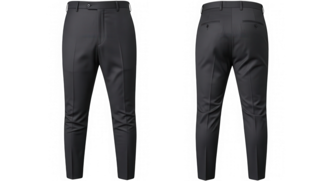 Men's dark gray formal dress pants front and back isolated on transparent background