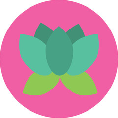 Stylized Lotus Flower Icon With Green and Teal Petals on a Vibrant Pink Circular Background Minimalist Graphic Design