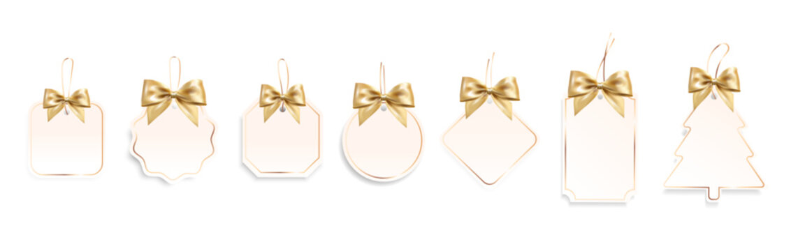 Gift Tag Set with Golden Bows in Holiday Shapes. Elegant gift tags in various shapes with shiny gold bows, label designs, for promotions, sales, packaging, greeting cards. Vector illustration