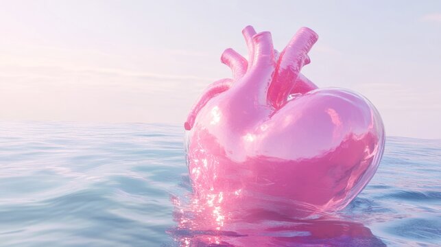 A surreal image of a pink heart floating on a serene body of water