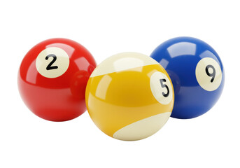 Isolated Billiard balls with numbers 2, 5, and 9 arranged for a professional pool game match © Julie