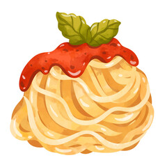 Spaghetti clip art, spagetti clipart, spaghetti vector illustration, hand drawn watercolor painting style, spagetti with tomato sauce and basil