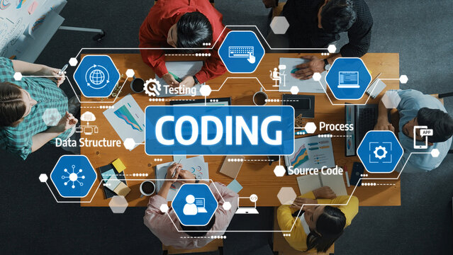 A vibrant coding session showcasing a diverse group of professionals collaborating on software development and data structure in a modern office setup. Amity - Powered by Adobe