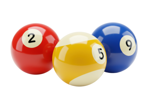 Isolated Billiard balls with numbers 2, 5, and 9 arranged for a professional pool game match