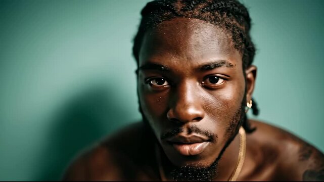 Intense and Contemplative Portrait of a Young Black Man with Braids.