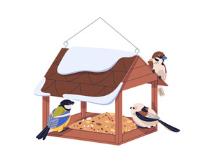 Bird feeder with seeds. Tits and sparrows eating, feeding on wooden platform box, wood tray with roof. Pecking grains from birdfeeder in winter. Flat vector illustration isolated on white background. © Good Studio