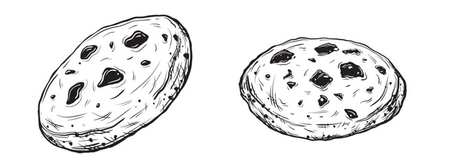 Sketch of Chocolate chip cookies. Hand-drawn ink vector illustration of a oatmeal cookies, with linear graphic elements for food design, isolated on white background.