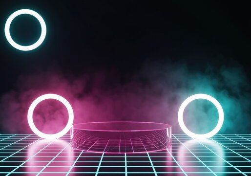 Retro synthwave stage with glowing rings and grid floor, cyberpunk future