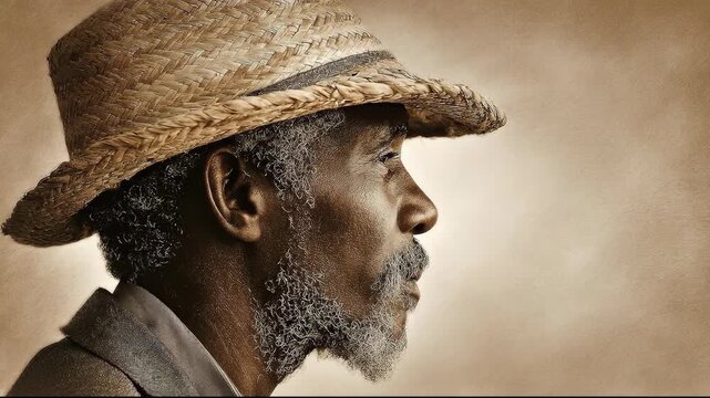 Side Profile Portrait of an Elderly Black Man in a Straw Hat.